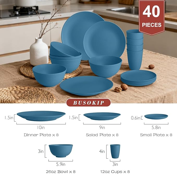 Wheat Straw Dishes Set 40 PCS, Unbreakable Dinnerware Set of 8 - Dinner Plates, Cereal Bowls, Water Cup, Lightweight, Reusable, Microwave & Dishwasher Safe Bowls for Kitchen and Outdoor - Blue