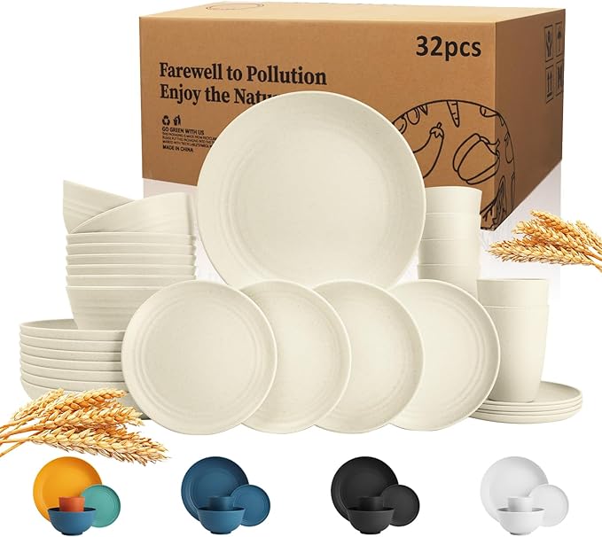 Wrova Wheat Straw Dinnerware Sets of 32,Dishwasher Safe Alternative Plastic Dishes Set Service for 8,Unbreakable Dinner Plates and Bowls Sets for Kitchen,Party,Camping,RV. Beige