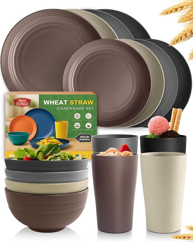 Teivio 16-Piece Kitchen Plastic Wheat Straw Dinnerware Set, Service for 4, Dinner Plates, Dessert Plate, Cereal Bowls, Cups, Unbreakable Plastic Outdoor Camping Dishes, Coastal Multicolor