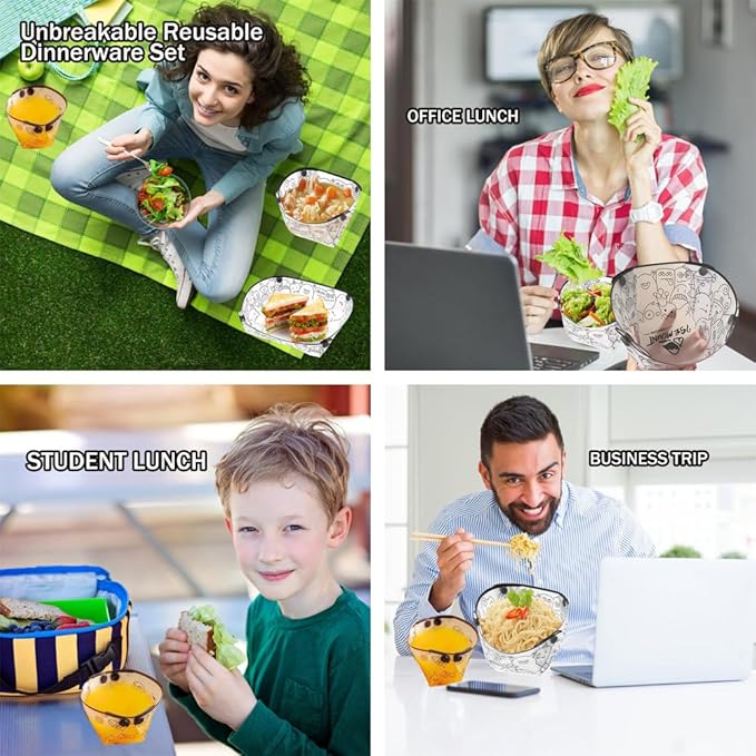 MIUPOO Collapsible Bowl Plate Cup Set,Portable Mess Kit,Food Grade Material Free Folding Plate for Lunch Family Picnic,Collapsible Set of 12, 3 Sizes.