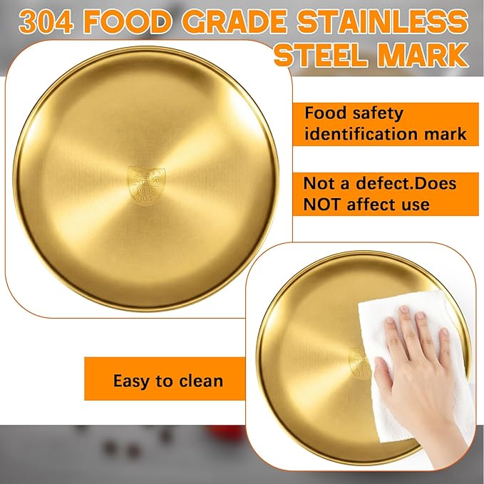 8 Pieces 304 Stainless Steel Plates and Bowls Sets - 9 Inch Metal Camping Plates Reusable 20oz Steel Snack Bowls Feeding Serving Dinner Dishes Double Insulated for Adult Girls Boys (Gold)