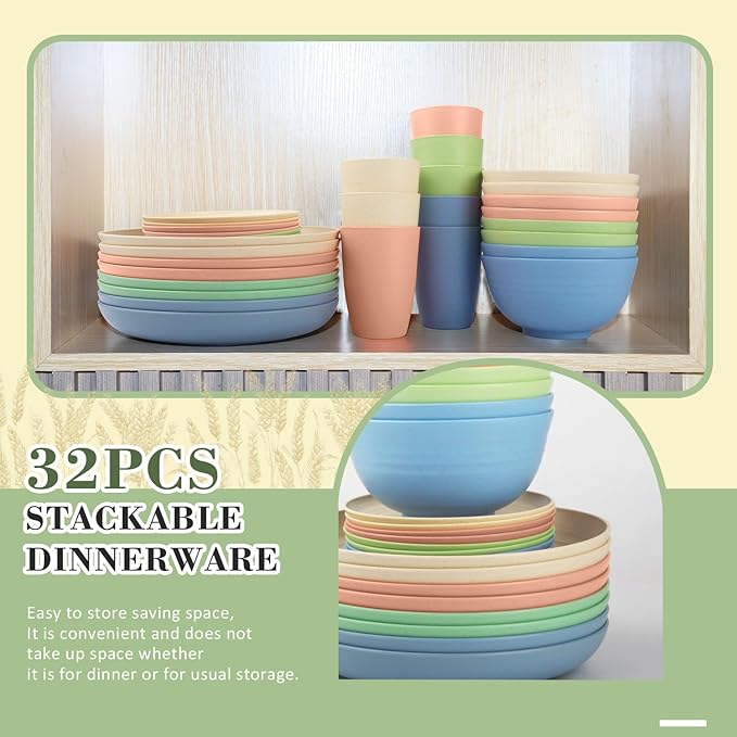 Wrova Wheat Straw Dinnerware Set of 32, Unbreakable Dinner Plates and Bowls Sets Service for 8, Microwave & Dishwasher Safe Dishes Set for Kitchen and Dining.Nordic Series