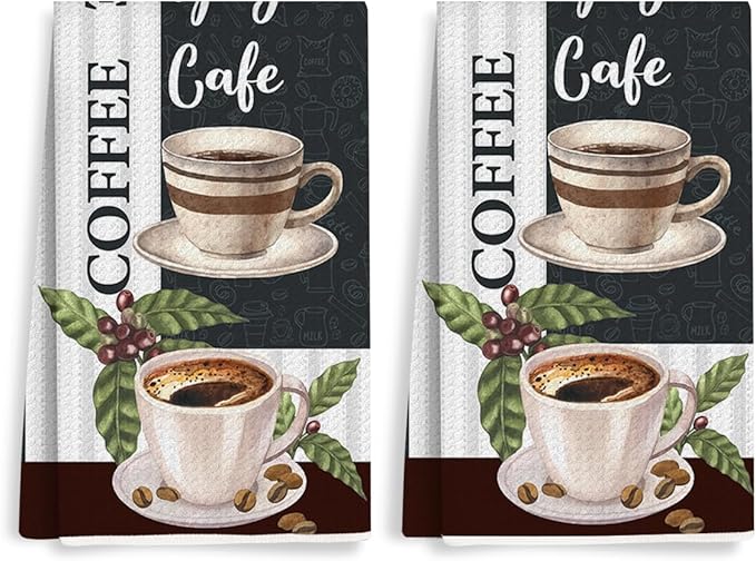 2PCS Coffee Kitchen Towels, Funny Farmhouse Rustic Reusable Absorbent Waffle Weave Dish Tea Towels for Cleaning, Microfiber Kitchen Towel for Coffee Bar Decor Housewarming Farmhouse Gift-2