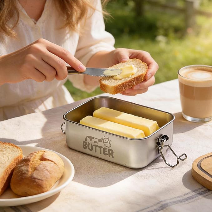 Stainless Steel Butter Dish with Lid, Airtight Cow Butter Keeper for Refrigerator & Countertop, Kitchen, Camping & Travel,Fits East & West Coast Butter (Medium)