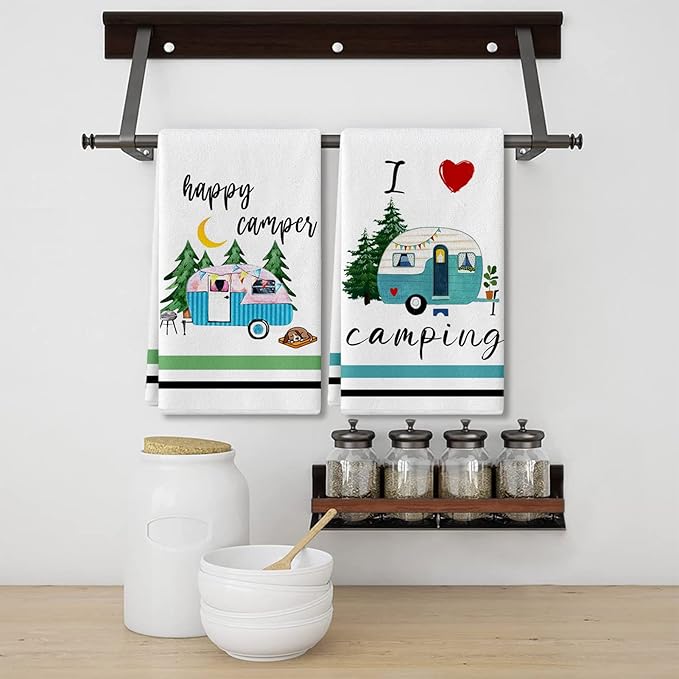 Camping Kitchen Towels Set of 4 Dish Towels Kitchen Hand Towels Kit Printed with Funny Sayings Novelty Gifts for Campers Happy Camper Camping Tent Pine Tree Farmhouse RV Decor Sign Home Decorations