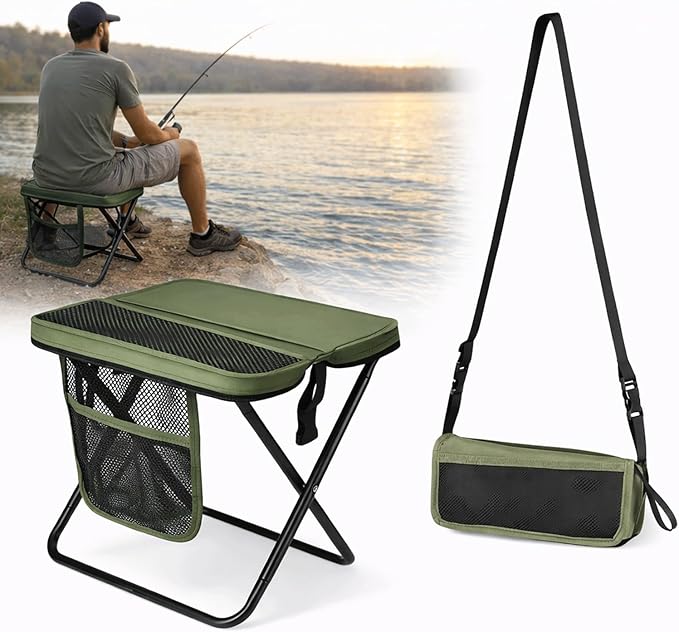 Foldable Stool with Carrying Bag,Compact Folding Chair with Shoulder Strap, Lightweight Outdoor Seat for Fishing, Camping, Hiking, Garden, Beach, Sports Games, Festivals (Green)