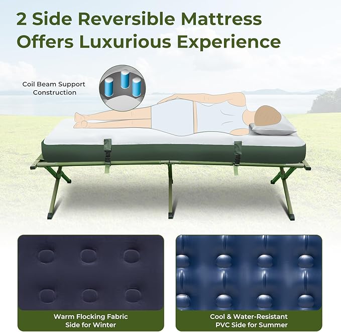 GYMAX Tent Cot, 5-in-1 Folding Camping Cot with Mattress & Pillows, Sleeping Bags, Sunshade, Camping Tent Elevated with Carrying Bag for Outdoor Hiking, Fishing, Picnic