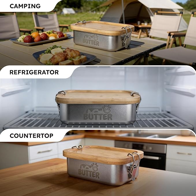Stainless Steel Butter Dish with Lid, Airtight Cow Butter Keeper for Refrigerator & Countertop, Kitchen, Camping & Travel,Fits East & West Coast Butter (Medium)