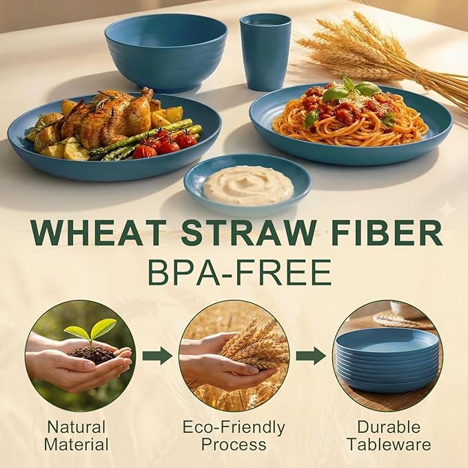 Wheat Straw Dinnerware Sets for 8, Unbreakable Bowl and Plate Set 40 Piece, Reusable Plastic Dish Sets for 8, Microwave and Dishwahser Safe Dining Set, Apartment and Kitchen Essentials - Blue