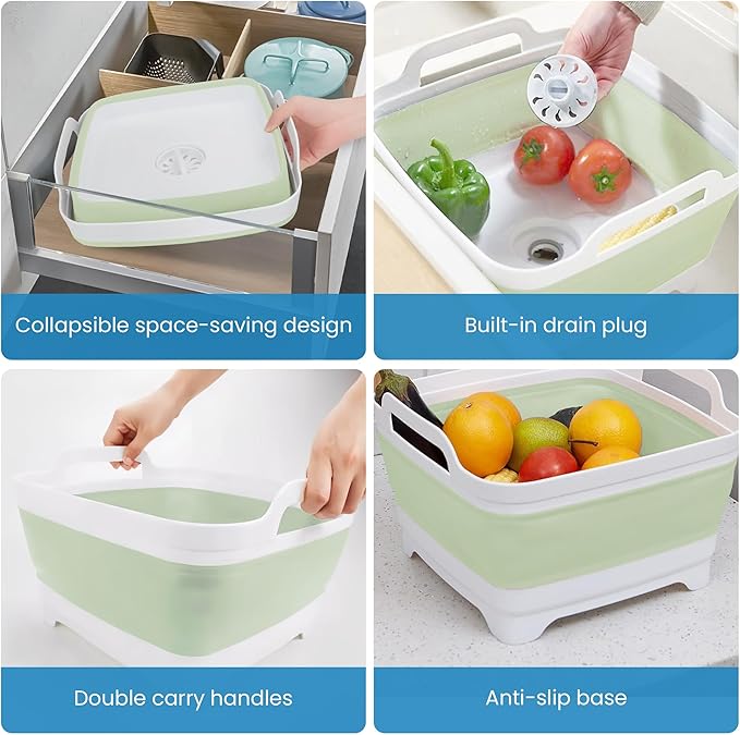 EZuraa 2.4gal(9L) Green Collapsible Dish Basin, Portable Sink or Dish Pan for Kitchen Sink with Drain Plug/Strainer, Space Saving Baby Bottle Wash Basin Collapsible Bucket, Beverage Tub for Camping