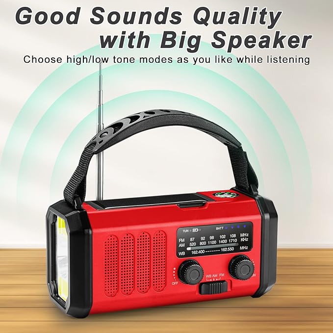 Leaton Weather Radio, Emergency Crank Radio AM/FM/NOAA Solar/Hand Crank/USB Charging,10000mAh /37000mWh Rechargeable Battery, Flashligh Cell Phone Charger for Hurricanes Camping & Home Emergencies