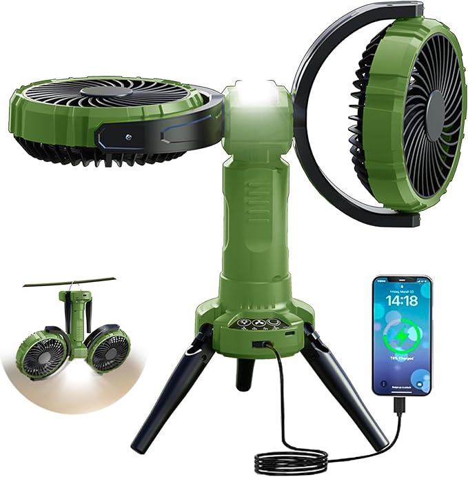 Camping Fan with Light,10000 mAh Rechargeable Battery Powered Tent Ceiling Cooler Fans,270° Oscillating 360°Rotating Portable Camping Essentials Gear for Outdoor Canopy,Travel(Deep Green)