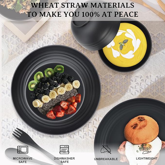 PYRMONT Wheat Straw Dishes Set for 4 Microwave Safe Plates and Bowls Sets 20-Piece Unbreakable Plastic Dinnerware Sets Alternative Dishwasher Plastic Plates for Kitchen,Outdoors-Dark Grey