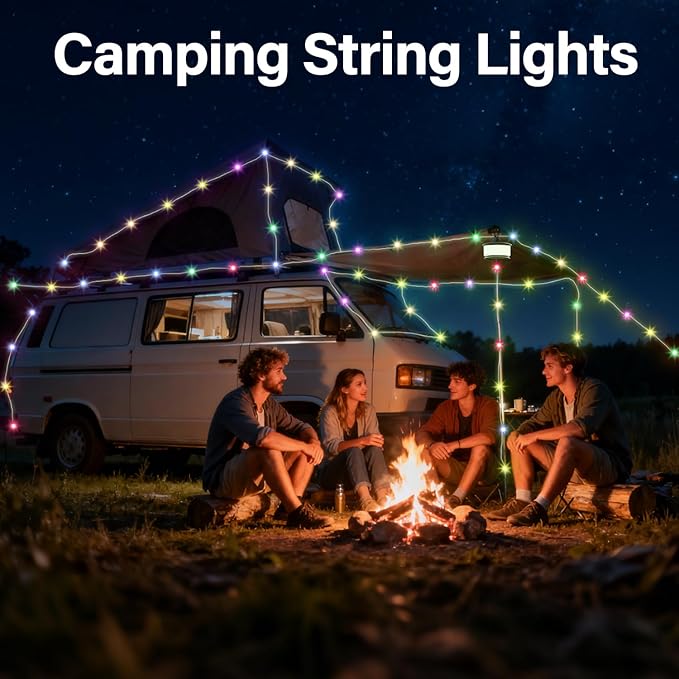 Camping String Lights, 3 in 1 Quick Storage 32.8FT Rechargeable Fairy String Lights with 6 Lighting Modes, Hanging Portable LED Lamp for Christmas Decor Patio Party Camping Essentials