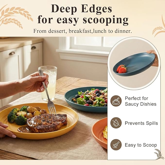 Wheat Straw Plates Set for 8, Unbreakable & Lightweight Dinner Plates 9 Inch, Plastic Plates Reusable, Microwave and Dishwasher Safe Kitchen Plate for Outdoor, Camping, Picnic- Multi