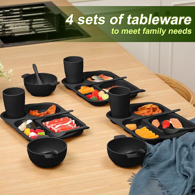 24 Pcs Wheat Straw Dinnerware Cutlery Set for Aldult Including Divided Plates Microwave Dishwasher Safe Bowl Unbreakable Tableware Straw Cutlery Spoon Knife Fork(Black)