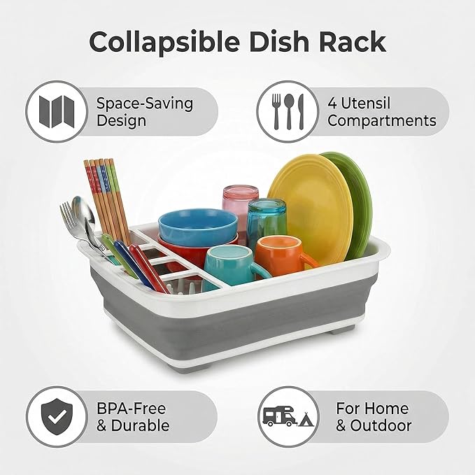 Telescopic Dish Rack, Folding Dish Drying Rack | Foldable Dish Drainer & Storage Rack, Portable Foldable Dinnerware Organizer for Home Kitchen, RV, Camping, Multifunctional Tableware Storage