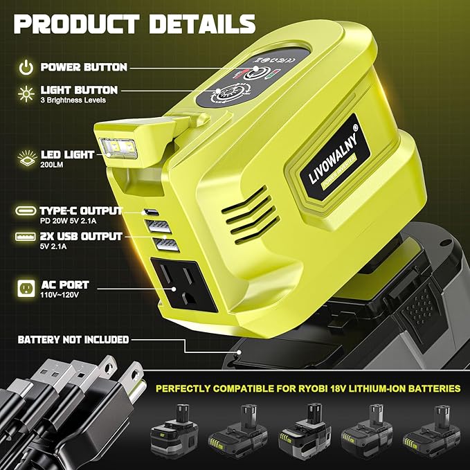 LIVOWALNY 200W Power Inverter Compatible with Ryobi 18V Battery, DC 18V to AC 110-120V Power Station with 1 AC Outlet, 2 USB, 1 Type-C & LED Light, for Camping Power Outage (No Battery)