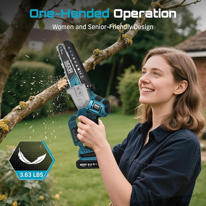 SEESII Brushless Mini Chainsaw 6 Inch, Handheld Saw with 2 * 2000 mAh Batteries, Cordless Chainsaw with Automatic Oiler, Compatible with Makita 18V Battery, Electric Saw for Tree Limb Branch Cutter