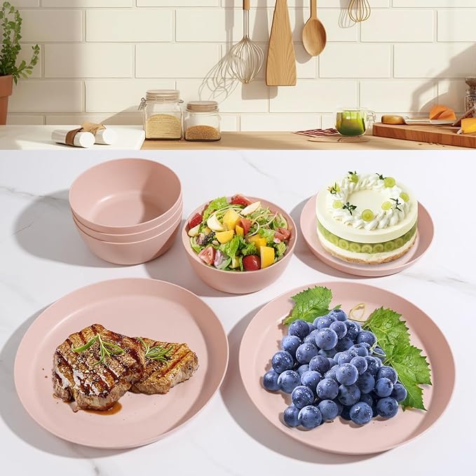 EI 12pcs Pink Wheat Straw Plates,Wheat Straw Dinnerware Set for 4,Plates and Bowls Sets,Plastic Plate Reusable,Unbreakable Plastic Plate Melamine,Camping Family Dishes Set