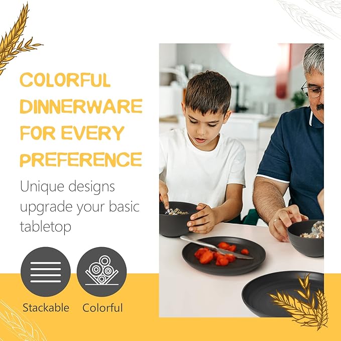 Teivio 16-Piece Kitchen Plastic Wheat Straw Dinnerware Set, Service for 4, Dinner Plates, Dessert Plate, Cereal Bowls, Cups, Unbreakable Plastic Outdoor Camping Dishes, Black