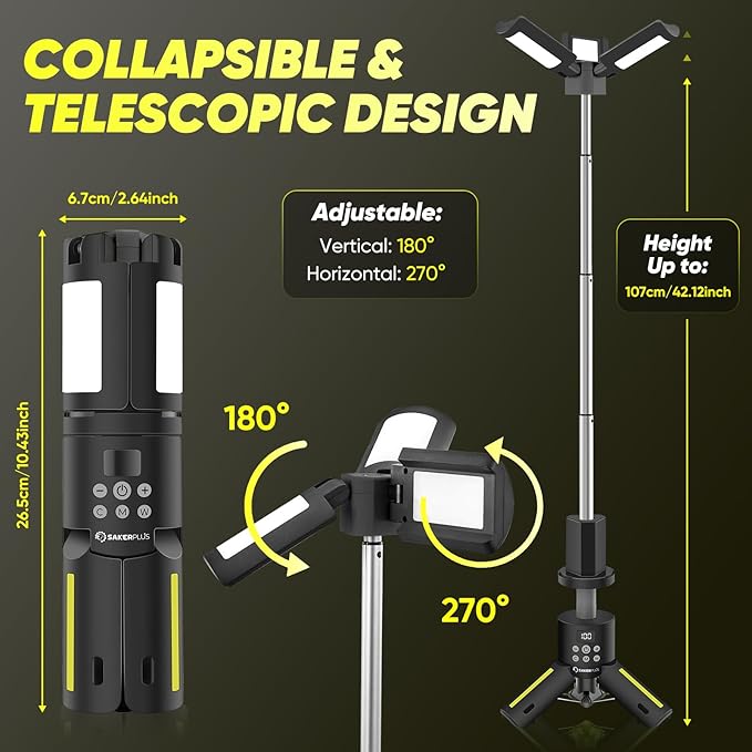 SakerPlus Portable Camping Lights with Stand, 5000LM Rechargeable LED Flashlight, 9 Color Modes, Collapsible Camping Lantern Tent Light with Magnetic Base for Power Outages, Camping & Emergency(Black)