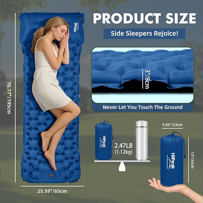 HiiPeak Camping Sleeping Pad, Suede Top Camping Mat with Pillow, Built-in Foot Pump Inflatable Sleeping Pads Compact for Camping Backpacking Hiking Traveling Tent