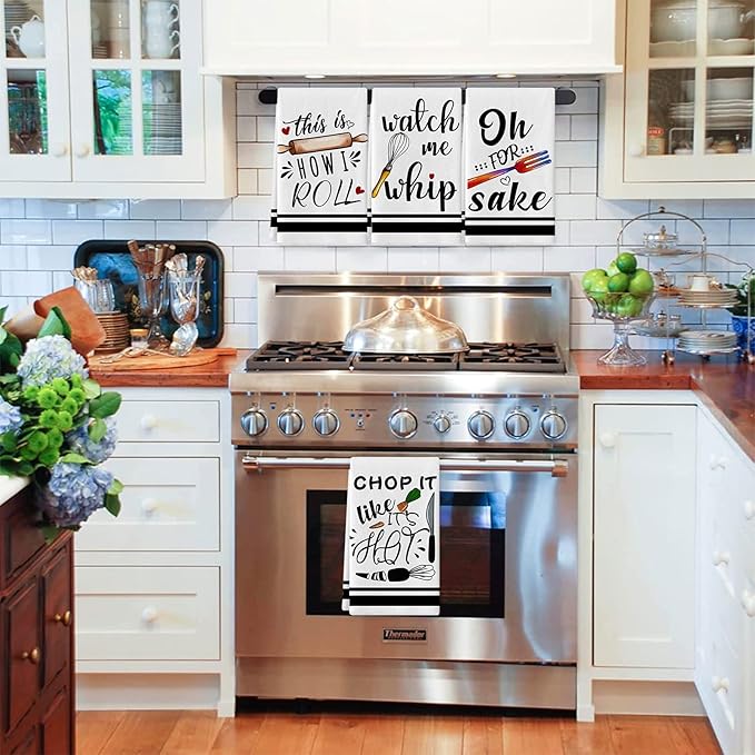 Funny Kitchen Towels and Dishcloths Sets of 4 Kitchen Towels with Sayings Egg Beater Rolling Pin Absorbent Drying Tea Dish Towel for Cooking Baking Home Decorations,18 x 28 Inch