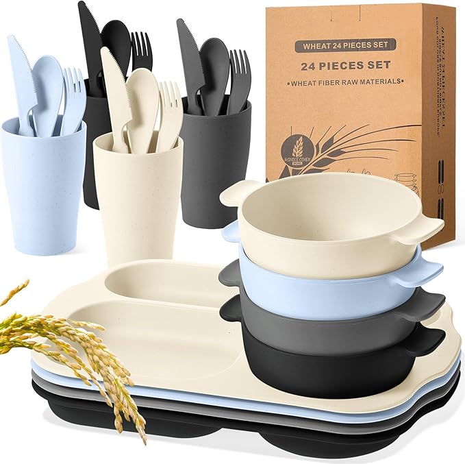 24 Pcs Wheat Straw Dinnerware Cutlery Set for Aldult Including Divided Plates Microwave Dishwasher Safe Bowl Unbreakable Tableware Straw Cutlery Spoon Knife Fork(Vivid Color)