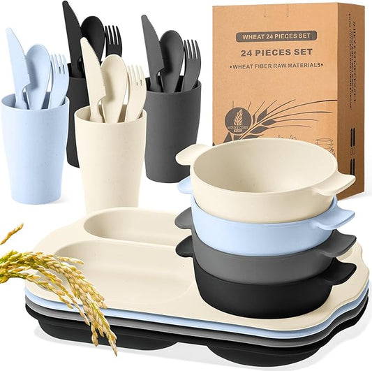 24 Pcs Wheat Straw Dinnerware Cutlery Set for Aldult Including Divided Plates Microwave Dishwasher Safe Bowl Unbreakable Tableware Straw Cutlery Spoon Knife Fork(Vivid Color)