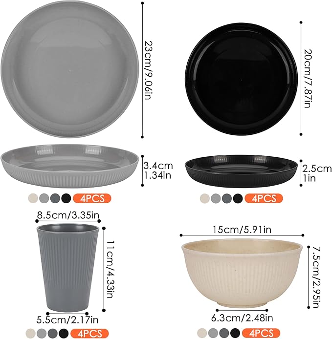Unbreakable Dinnerware Sets for 4 People,16pcs Camping Plates and Bowls Set, Reusable Picnic Set plastic Plates, Cups, Bowls for Children, Adult, Party, Home