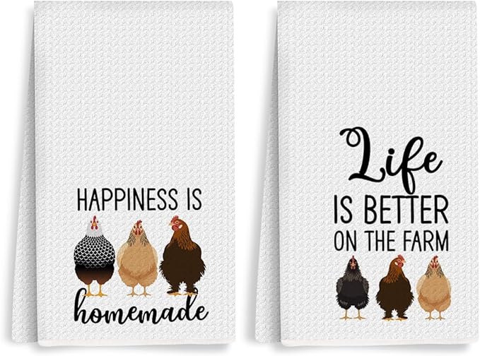 2Pcs Funny Kitchen Towels 24x14 Inch, Rooster Chicken Kitchen Decor Waffle Weave Hand Towels for Farmhouse, White Absorbent Microfiber Dish Cloth Tea Towel Chicken Gifts for Women Mom 1