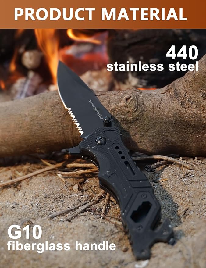 Folding Pocket Knife 440 Stainless Steel G10 Handle,EDC for Men with Seatbelt Cutter,Glass Breaker,Outdoor Camping Hiking Survival Gift