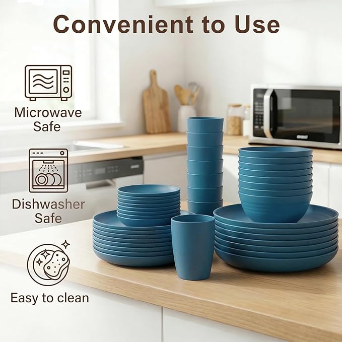 Wheat Straw Dinnerware Sets for 8, Unbreakable Bowl and Plate Set 40 Piece, Reusable Plastic Dish Sets for 8, Microwave and Dishwahser Safe Dining Set, Apartment and Kitchen Essentials - Blue