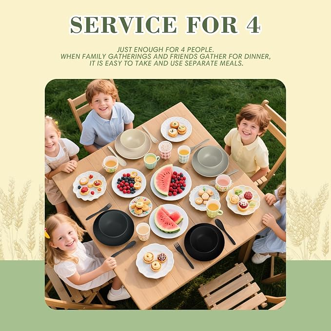 Wrova Wheat Straw Dinnerware Sets for 4, 20-Piece Reusable Kids Plates and Bowls Sets with Flatwares, Unbreakable Bowls and Plates Sets with Cups, Microwave Safe Dishes Set for Kitchen. Black & Grey