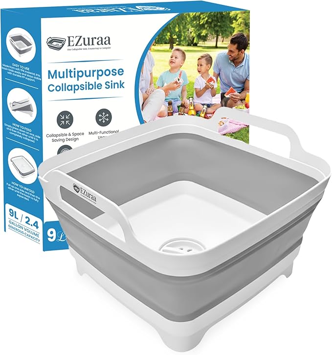 EZuraa 2.4 gal(9L) Gray Collapsible Dish Basin, Portable Sink or Dish Pan for Kitchen Sink with Drain Plug/Strainer, Space Saving Baby Bottle Wash Basin Collapsible Bucket, Beverage Tub for Camping
