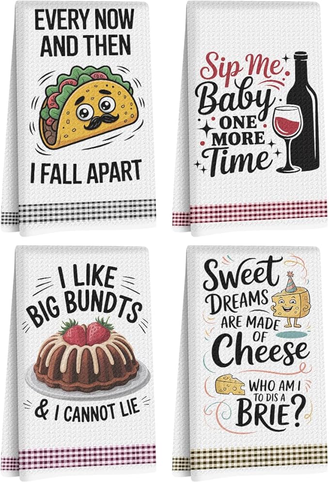 4PCS Funny Kitchen Towel, Cute Decorative Dish Towels Sets, Absorbent Waffle Hand Towels, Housewarming Gifts for New Home, Women, Mom, Funny House Warming Presents, Hostess Gifts