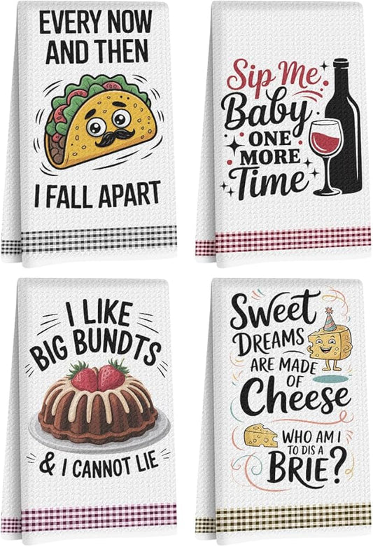 4PCS Funny Kitchen Towel, Cute Decorative Dish Towels Sets, Absorbent Waffle Hand Towels, Housewarming Gifts for New Home, Women, Mom, Funny House Warming Presents, Hostess Gifts