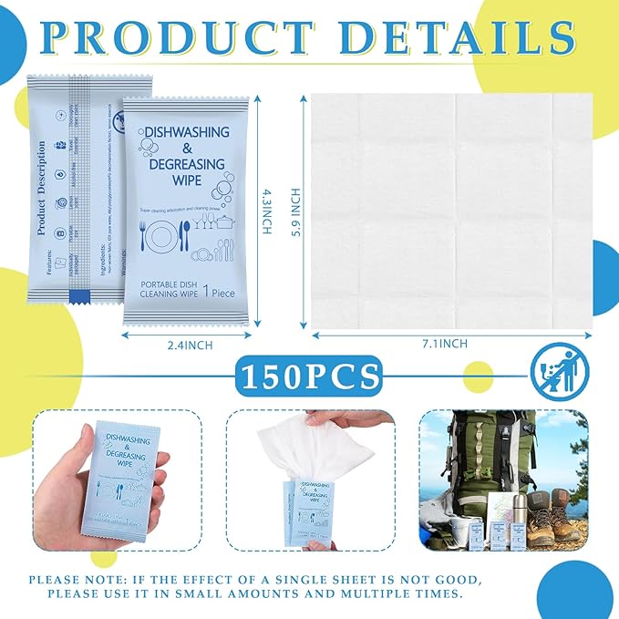 Tondiamo 300 Pcs Travel Dish Soap Wipes Individually Wrapped Dish Cleaning Wipes Disposable Portable Cleaner with Lemon Scent for Camping Kitchen Outdoor Traveling Quick Clean