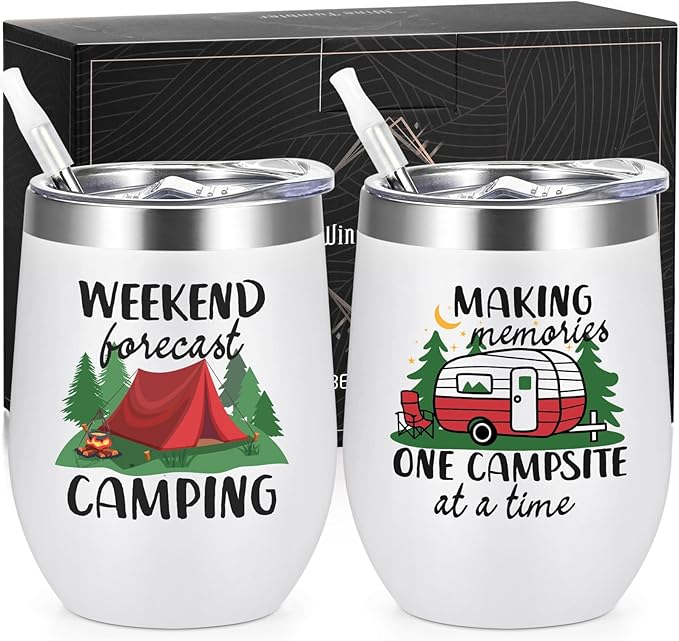 Lifecapido Camping Gifts 2 Pack Stainless Steel Wine Tumblers, Camper Holiday Birthday Christmas Gifts for Women Men Capmer RV Campers (12oz, White)