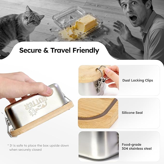 Stainless Steel Butter Dish with Lid, Airtight Cow Butter Keeper for Refrigerator & Countertop, Kitchen, Camping & Travel,Fits East Coast Butter (Small)