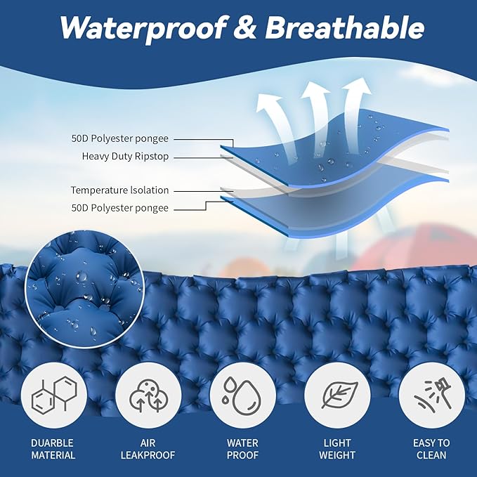 HiiPeak Double Sleeping Pad - Self Inflating 3" Extra-Thick for 2 Person with Pillow Built-in Foot Pump Inflatable Sleeping Mat for Backpacking, Hiking, Traveling, Tent, Portable Camping Mat (Blue)