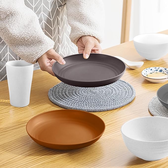 Teivio 16-Piece Kitchen Plastic Wheat Straw Dinnerware Set, Service for 4, Dinner Plates, Dessert Plate, Cereal Bowls, Cups, Unbreakable Plastic Outdoor Camping Dishes, Farmhouse