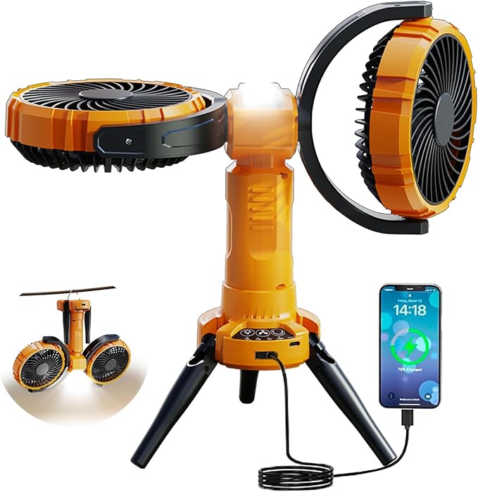 Camping Fan with Light,10000mAh Rechargeable Battery Powered Tent Ceiling Cooler Fans,270° Oscillating 360°Rotation Portable Camping Essentials Gear for Outdoor Canopy,Travel,Fishing(Orange)