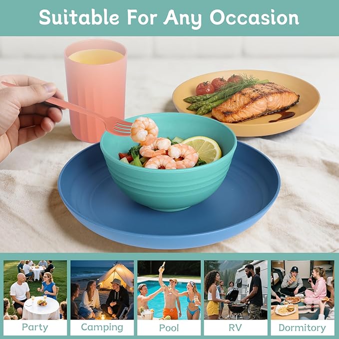 PYRMONT Wheat Straw Dinnerware Sets Unbreakable Dish Set for 4 Dishwasher & Microwave Safe Plates and Bowls Sets 28 PCS Alternative Plastic Dishes Set for Camping,Picnic,BBQ-Colorful
