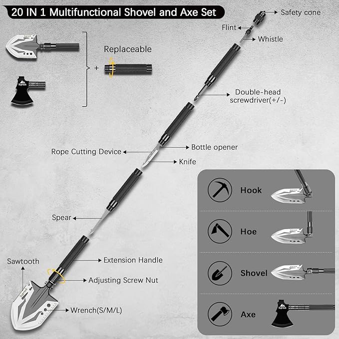 Survival Shovel High Carbon Steel Tactical Shovel Axe Folding Entrenching Tool Camping Hiking Shovel Carrying Pouch Car Emergency Survival Gear
