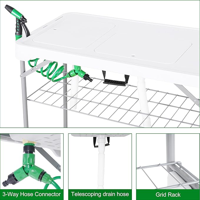 Allpop Fish Cleaning Table with 2 Sinks, 42.5'' Portable Folding Camping Fish Station with Foldable Faucet, Drainage Hose, Sprayer, Grid Rack, Storage Box, Drawer & Grooves for Picnic, White