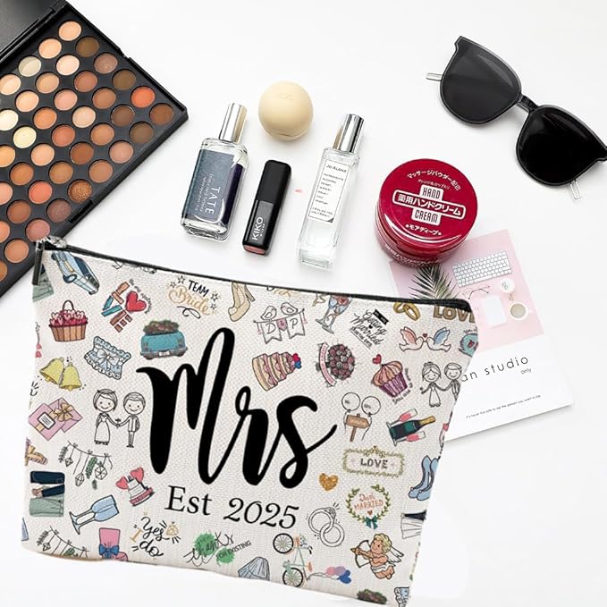 Bridal Shower Gifts for Women, Bachelorette Party Gifts, Wedding Gift, Linen Makeup Bag for Bride, LOVE Est 2025 Bachelorette Party & Engagement Gift