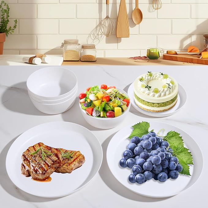 EI 12pcs White Wheat Straw Plates,Wheat Straw Dinnerware Set,Plates and Bowls Sets,Unbreakable Plastic Plate,Plastic Plates Reusable,Dinner Plates Set of 4,Plastic Dishes Set