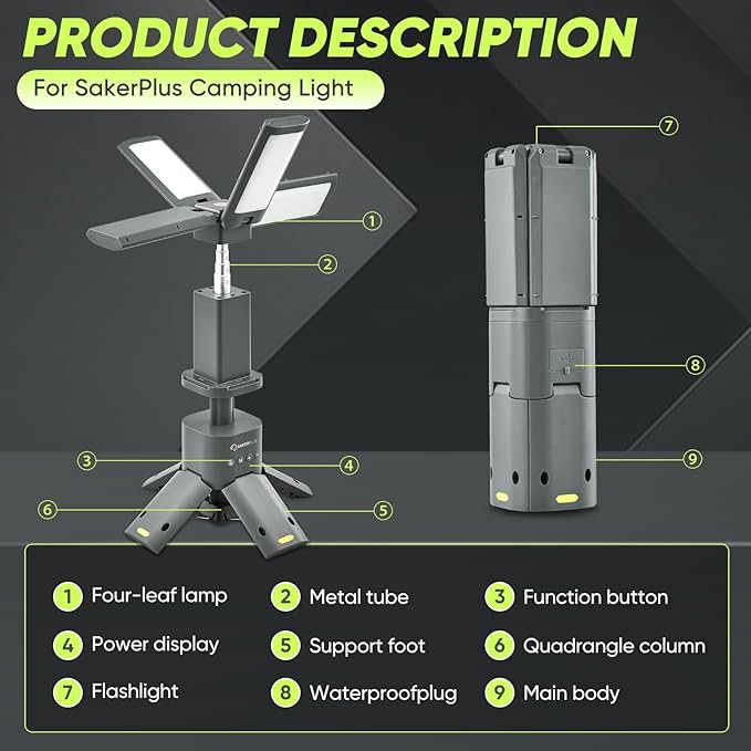 SakerPlus Portable Camping Light, 14000mAh Telescopic Camping Lantern with Rechargeable Power Supply, Dimmable Magnetic Tent Lamps 6000 Lumen Outdoor Work Lights for Hiking,Camping,Home Emergency